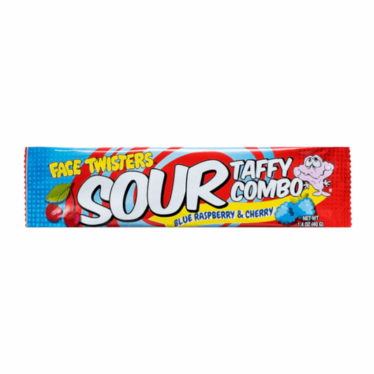 Face Twisters Sour Taffy Combo Bar Blue Raspberry & Cherry 1.4oz (40g)